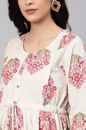 Off white cotton printed maternity dress for women