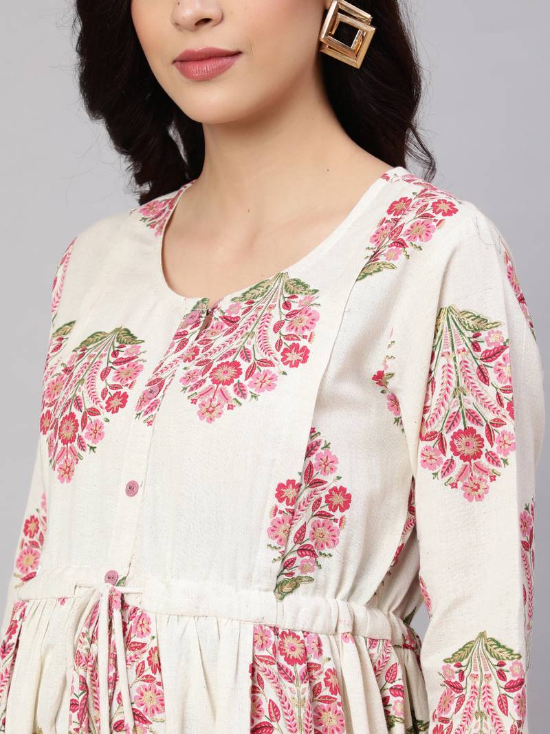 Off white cotton printed maternity dress for women