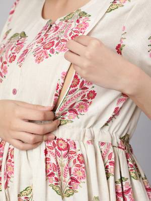 Off white cotton printed maternity dress for women 3