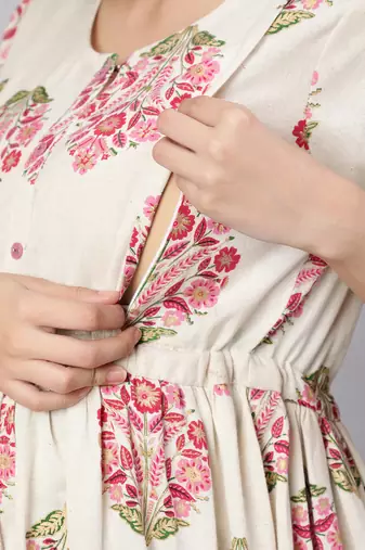 Off white cotton printed maternity dress for women