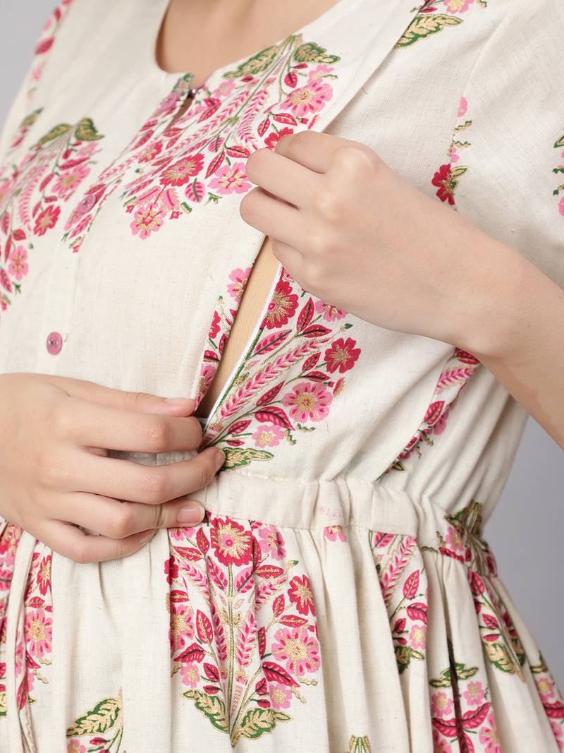 Off white cotton printed maternity dress for women