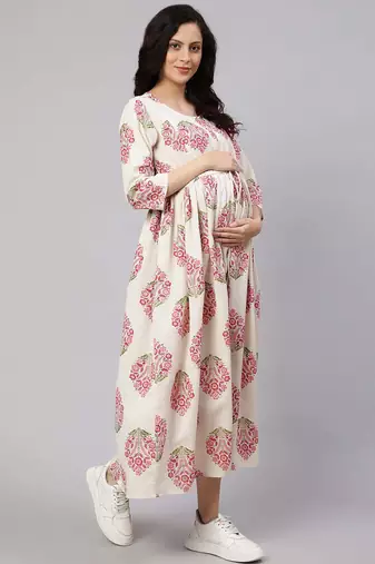 Off white cotton printed maternity dress for women
