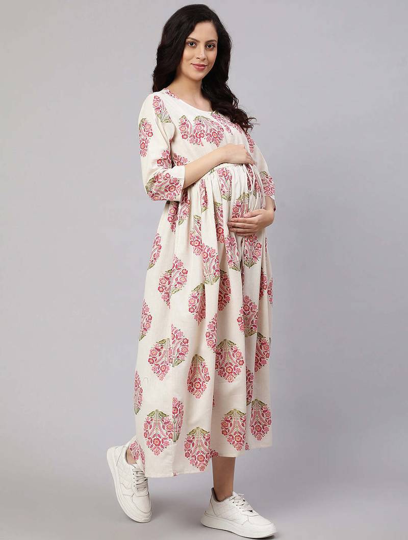 Off white cotton printed maternity dress for women