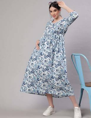 Off white cotton printed maternity dress for women 1