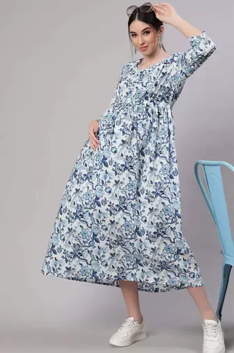 Off white cotton printed maternity dress for women