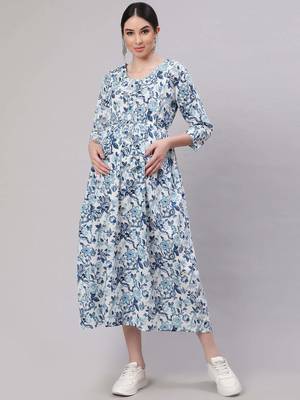Off white cotton printed maternity dress for women 2