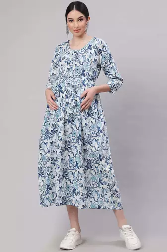 Off white cotton printed maternity dress for women
