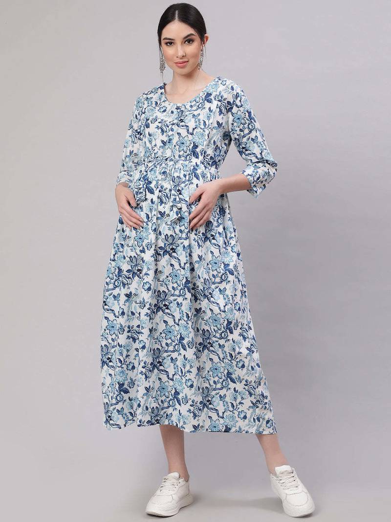 Off white cotton printed maternity dress for women