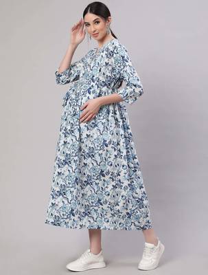 Off white cotton printed maternity dress for women 4