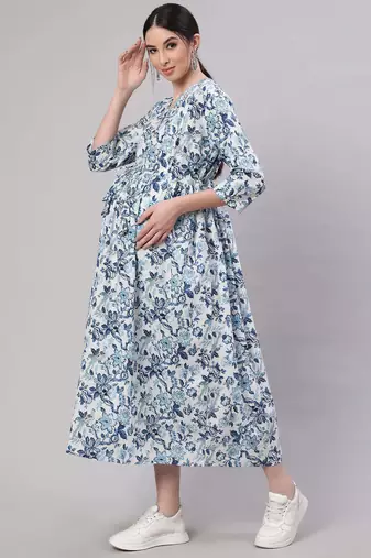 Off white cotton printed maternity dress for women