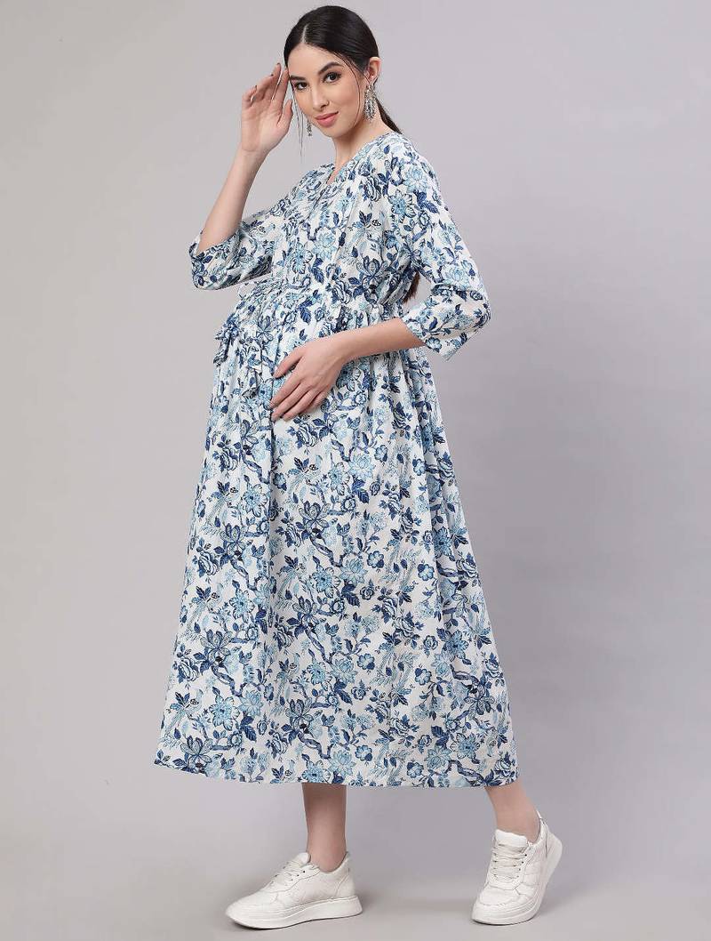 Off white cotton printed maternity dress for women