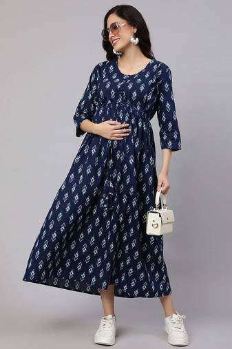 Blue cotton printed maternity dress for women