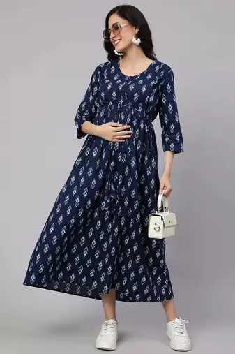 Blue cotton printed maternity dress for women