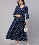 Blue cotton printed maternity dress for women