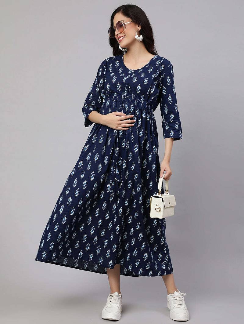 Blue cotton printed maternity dress for women