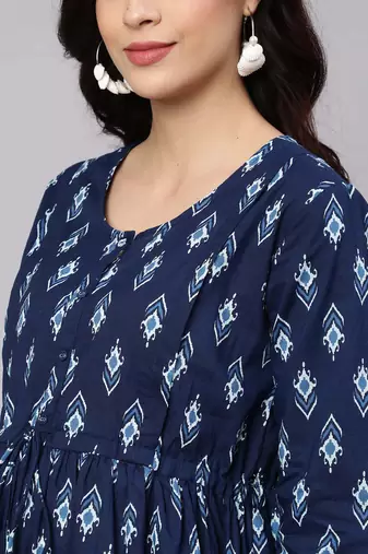 Blue cotton printed maternity dress for women