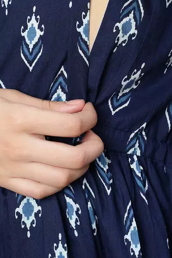 Blue cotton printed maternity dress for women