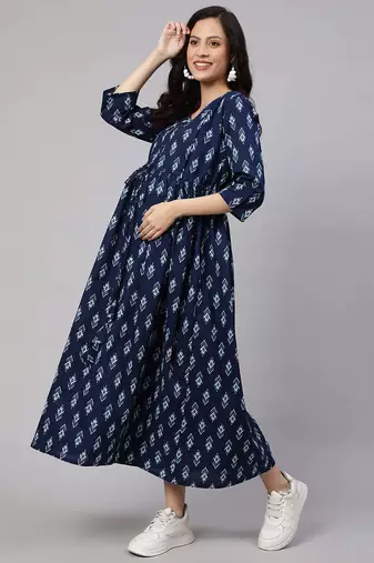 Blue cotton printed maternity dress for women