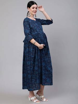 Blue cotton printed maternity dress for women 5