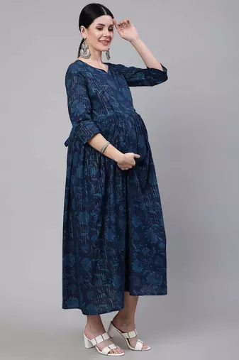Blue cotton printed maternity dress for women