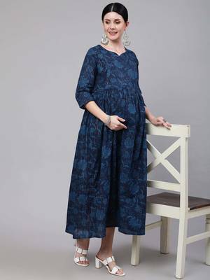 Navy blue cotton printed maternity dress for women 1