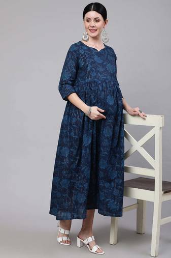 Navy blue cotton printed maternity dress for women
