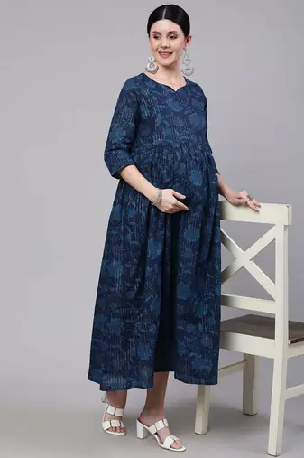 Navy blue cotton printed maternity dress for women