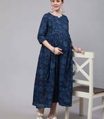 Navy blue cotton printed maternity dress for women