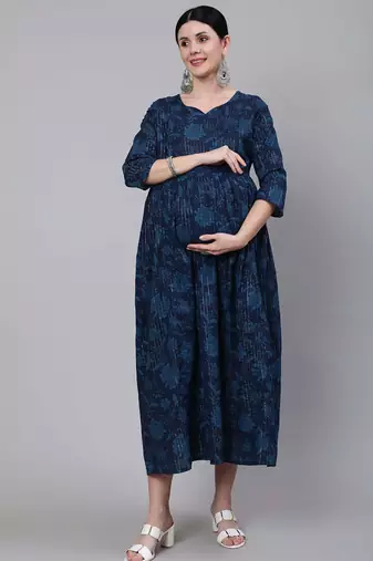 Navy blue cotton printed maternity dress for women