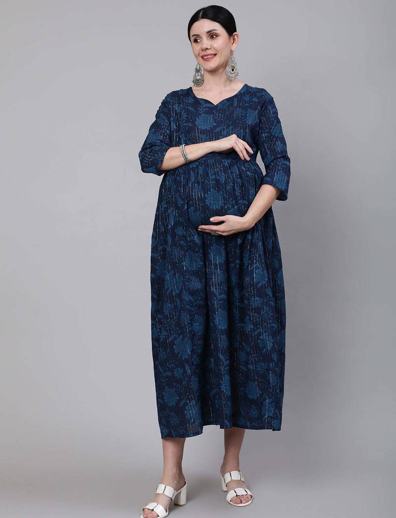Navy blue cotton printed maternity dress for women