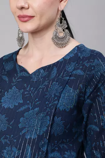 Navy blue cotton printed maternity dress for women
