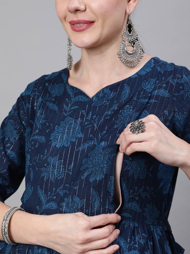 Navy blue cotton printed maternity dress for women