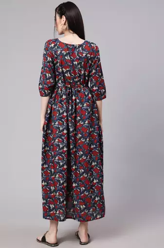 Navy blue cotton printed maternity dress for women