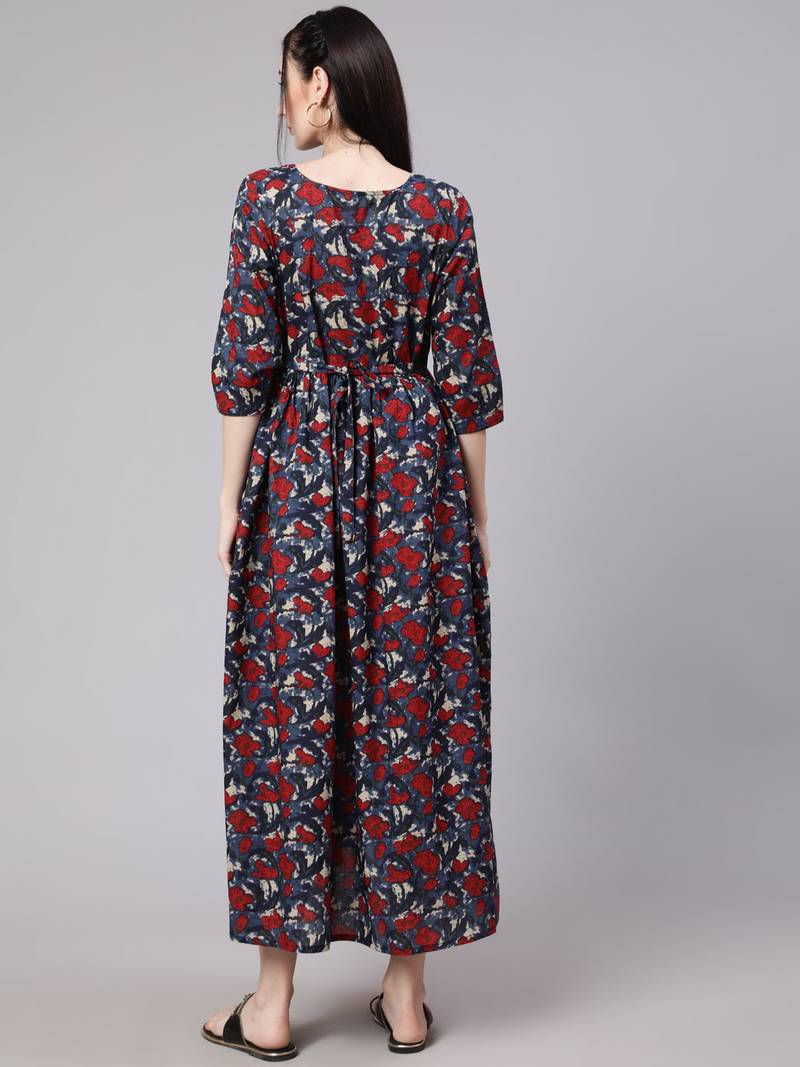 Navy blue cotton printed maternity dress for women