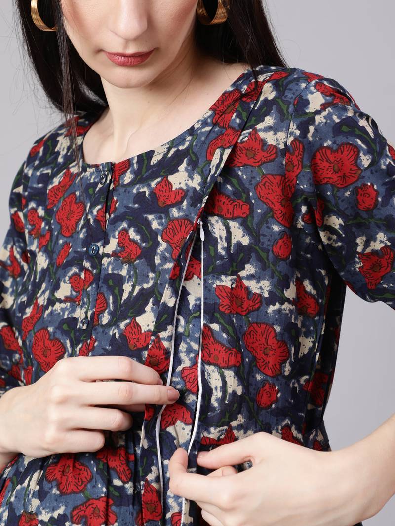 Multicolor cotton printed maternity dress for women