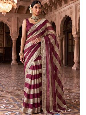 Burgundy striped beads and stones organza designer saree 1