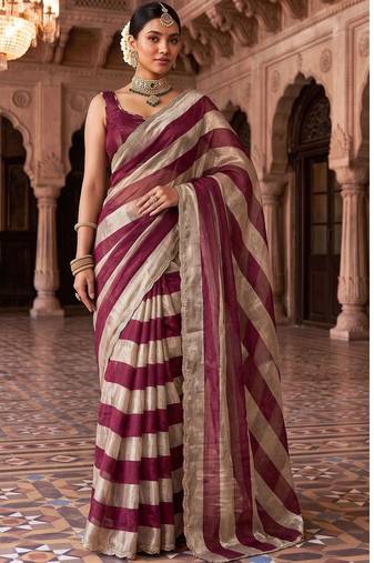 Burgundy striped beads and stones organza designer saree