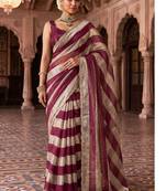 Burgundy striped beads and stones organza designer saree