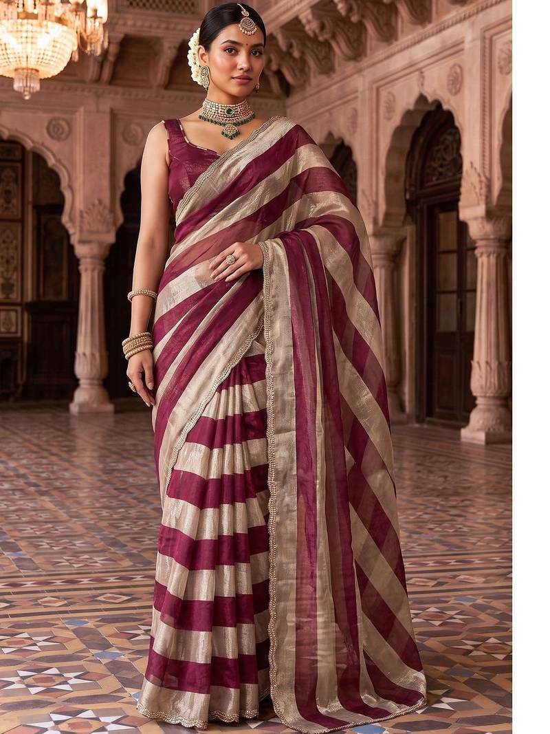 Burgundy striped beads and stones organza designer saree