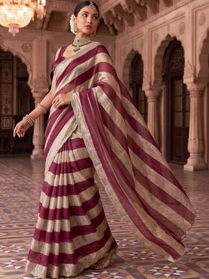 Burgundy striped beads and stones organza designer saree 2
