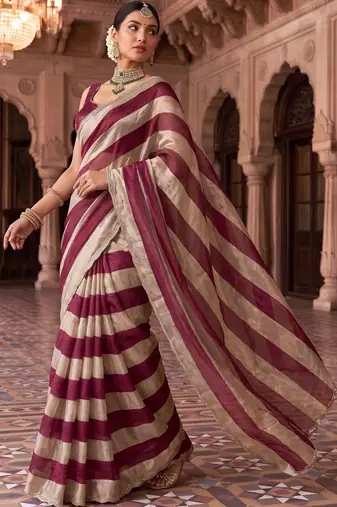 Burgundy striped beads and stones organza designer saree