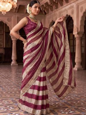 Burgundy striped beads and stones organza designer saree 3