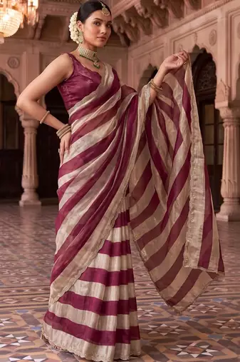 Burgundy striped beads and stones organza designer saree