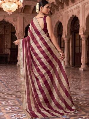 Burgundy striped beads and stones organza designer saree 4