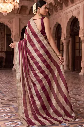 Burgundy striped beads and stones organza designer saree