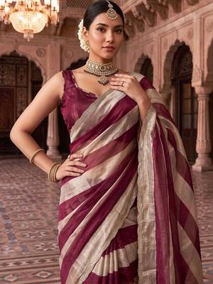 Burgundy striped beads and stones organza designer saree 5
