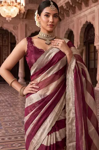 Burgundy striped beads and stones organza designer saree