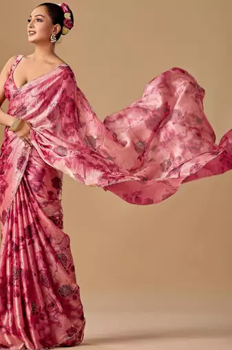 Pink tie and dye embroidered organza saree
