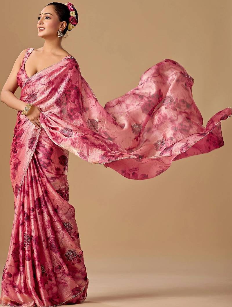 Pink tie and dye embroidered organza saree