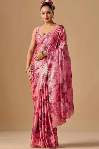 Pink tie and dye embroidered organza saree